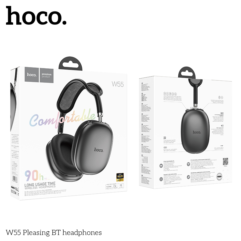 Tai nghe chụp tai Bluetooth V5.4 Hoco W55 phiên bản 90h có mic đàm thoại hỗ trợ khe cắm thẻ nhớ,cổng AUX, nghe nhạc (màu đen) - Hàng chính hãng
