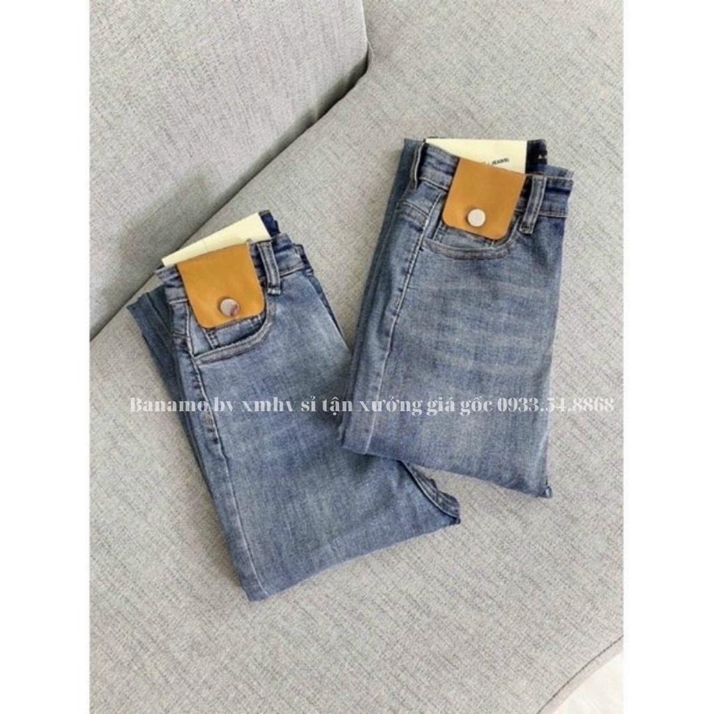 Quần jean nữ túi nắp da cạp cao hách dáng miên man siêu đẹp thời trang Banamo Fashion jean nữ túi nắp da 769