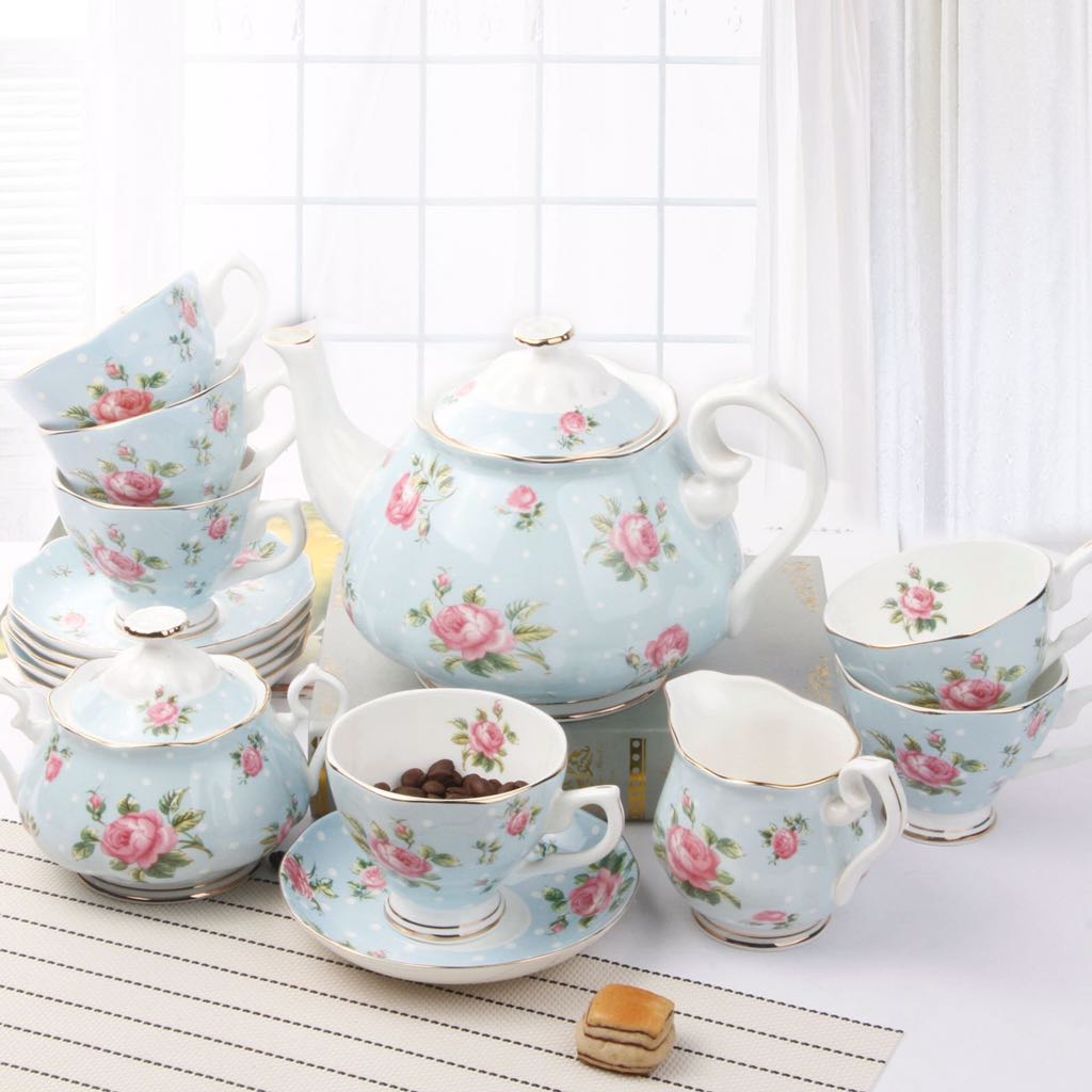 Bộ ấm trà to sứ xương cao cấp hoa hồng xanh 6 người 15 món ROYAL ROSE 5536