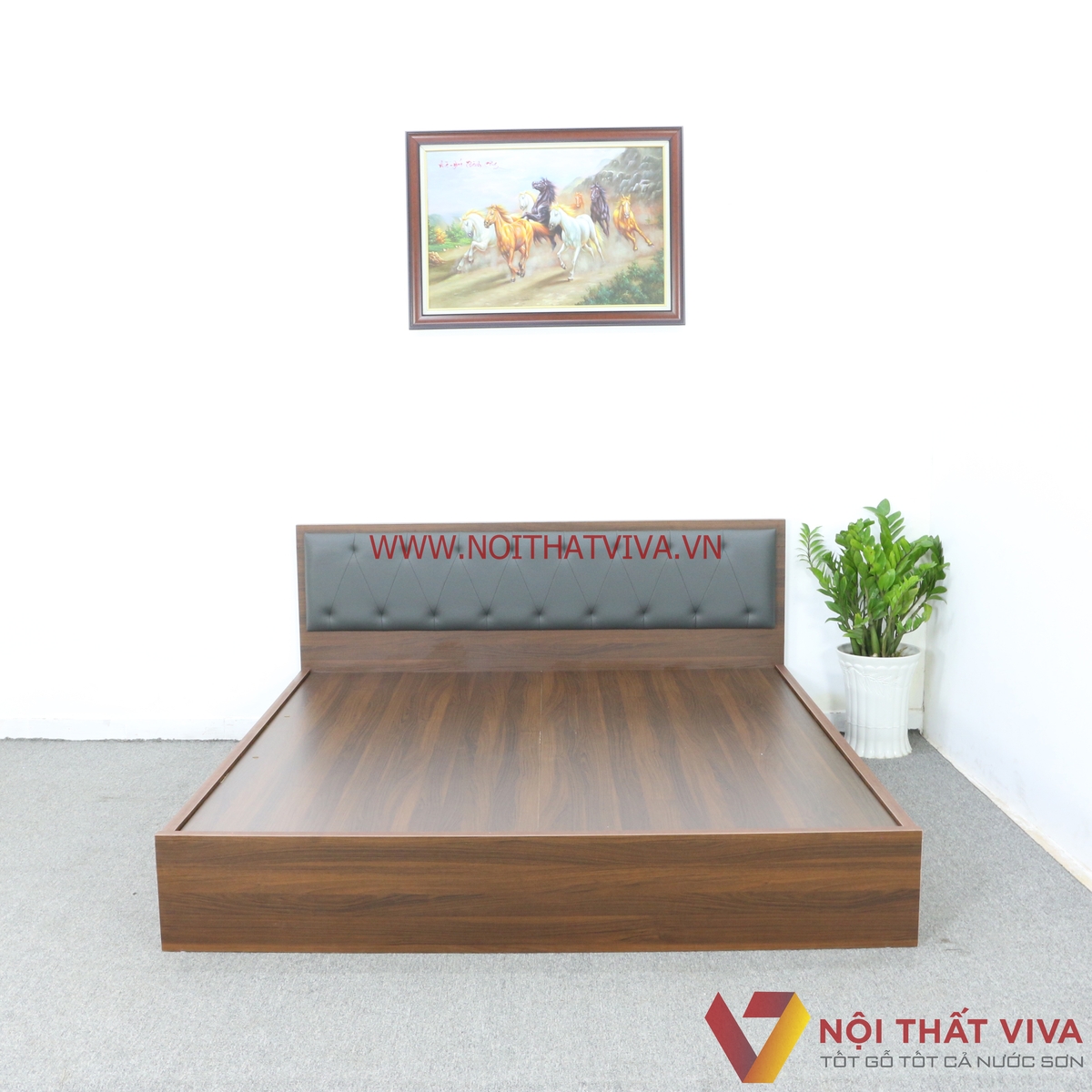 Giường Ngủ Gỗ MDF Melamine Màu Nâu Đầu Nệm Đen Hiện Đại Đẹp