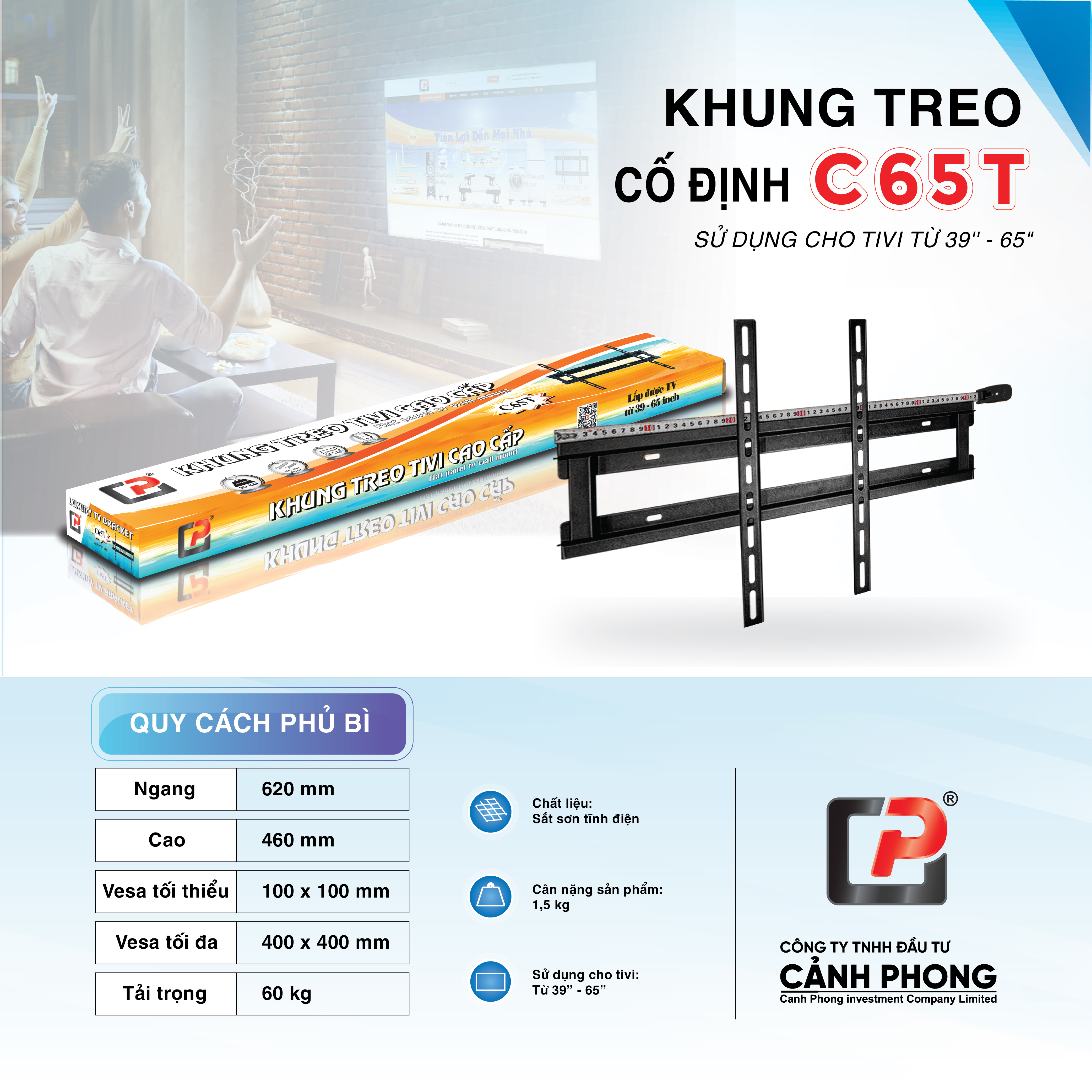 Giá Treo TiVi Áp Tường, Cố Định CP từ 39 - 65 inch C65T- Hàng Chính Hãng