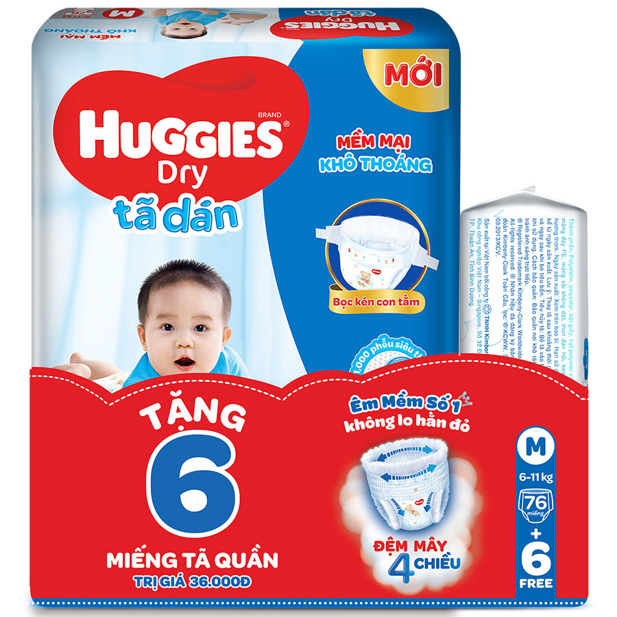 Combo 3 Gói Tã Dán Huggies Dry Gói Cực Đại M76 (76 Miếng) - Tặng 6 miếng