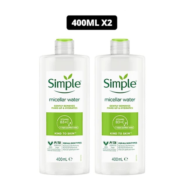 Combo 2 Nước tẩy trang Simple Micellar làm sạch 99% trang điểm, cho da thoáng mịn tức thì 400ml x2