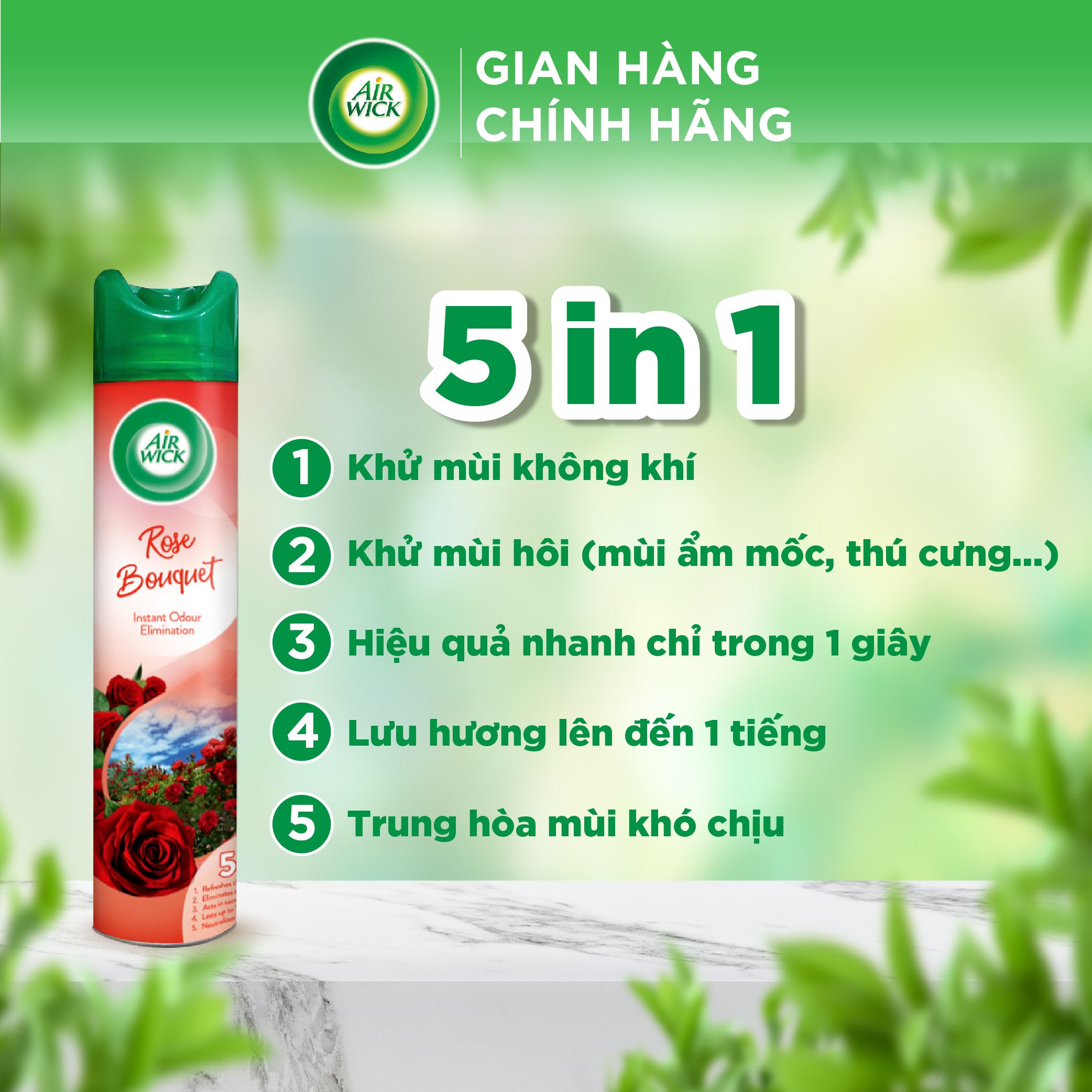 Chai xịt phòng thơm lâu 5 trong 1 AIRWICK, Anh Quốc, khử mùi và lan tỏa hương thơm ngay tức thì, hương thiên nhiên 300ml