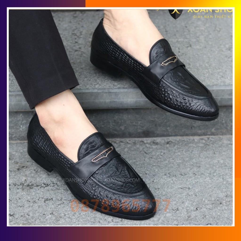 Giày Lười Da Nam DA Dập Vân Cá Sấu - - Đế Cao su Đúc Nguyên Khối - Mã X091-3 Màu Đen
