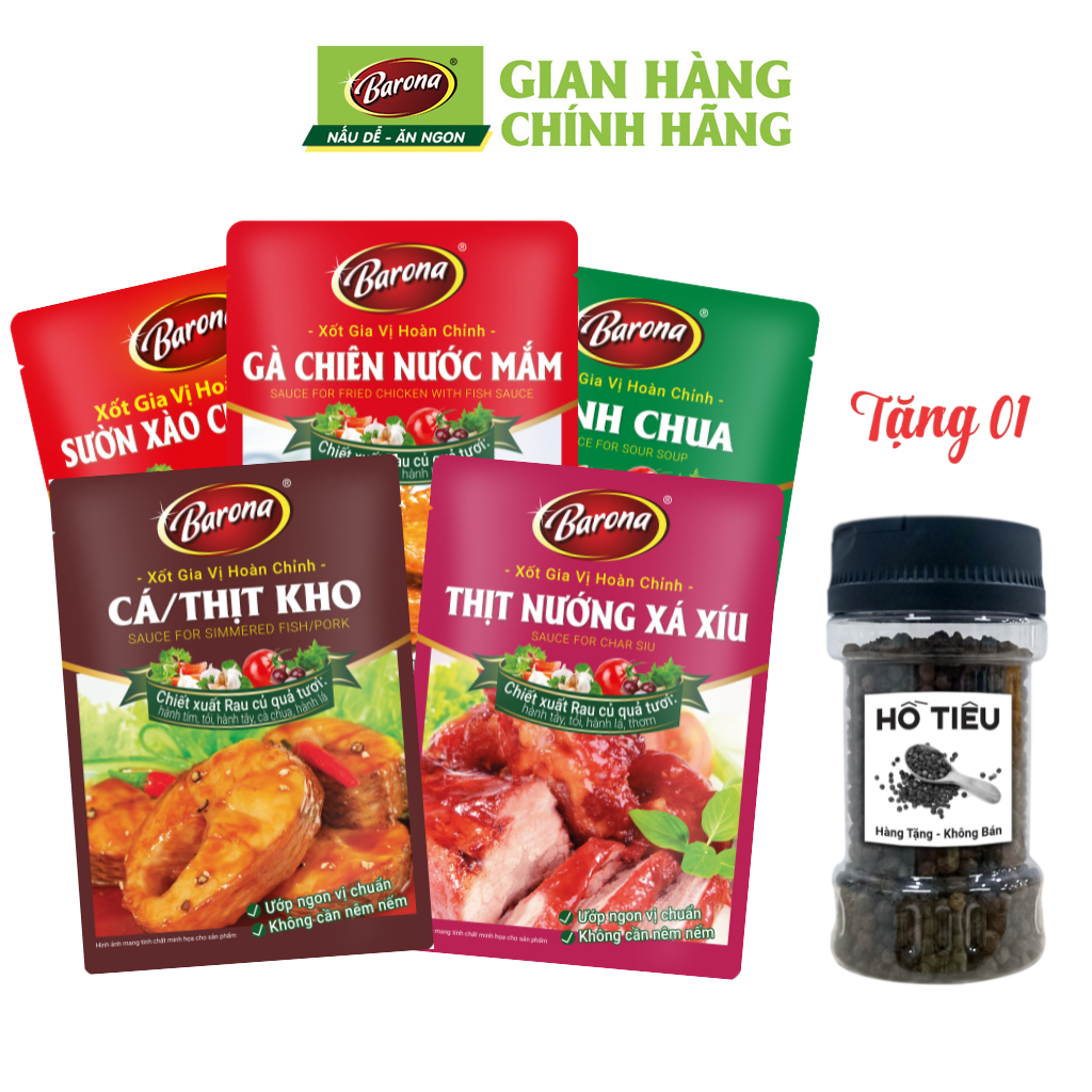 Combo 5 gói Gia Vị Barona 80g (Gia vị Canh Chua, Sườn xào chua ngọt, Xá Xíu, Cá/ Thịt Kho, Gà chiên nước mắm) tặng tiêu hạt