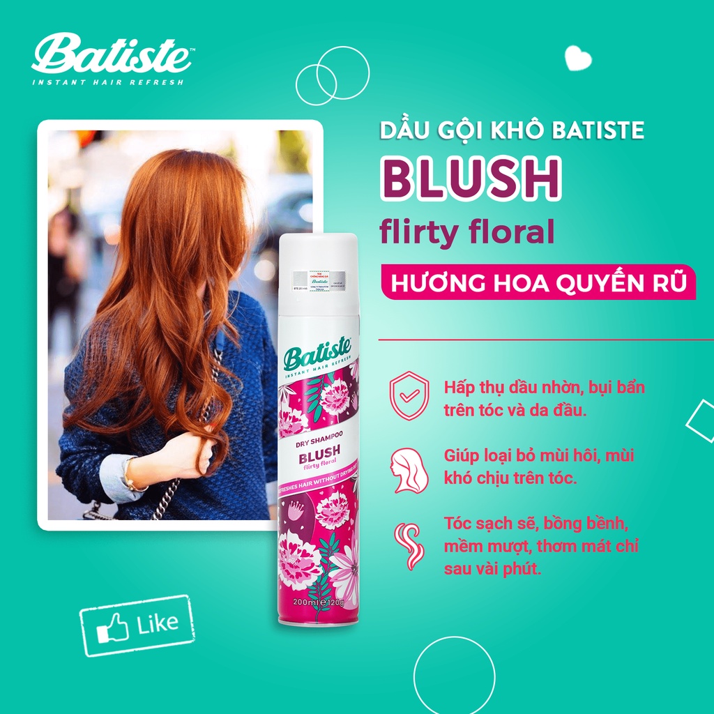 Dầu Gội Khô Batiste Hương Hoa Quyến Rũ - Batiste Dry Shampoo Floral &amp; Flirty Blush 200ml