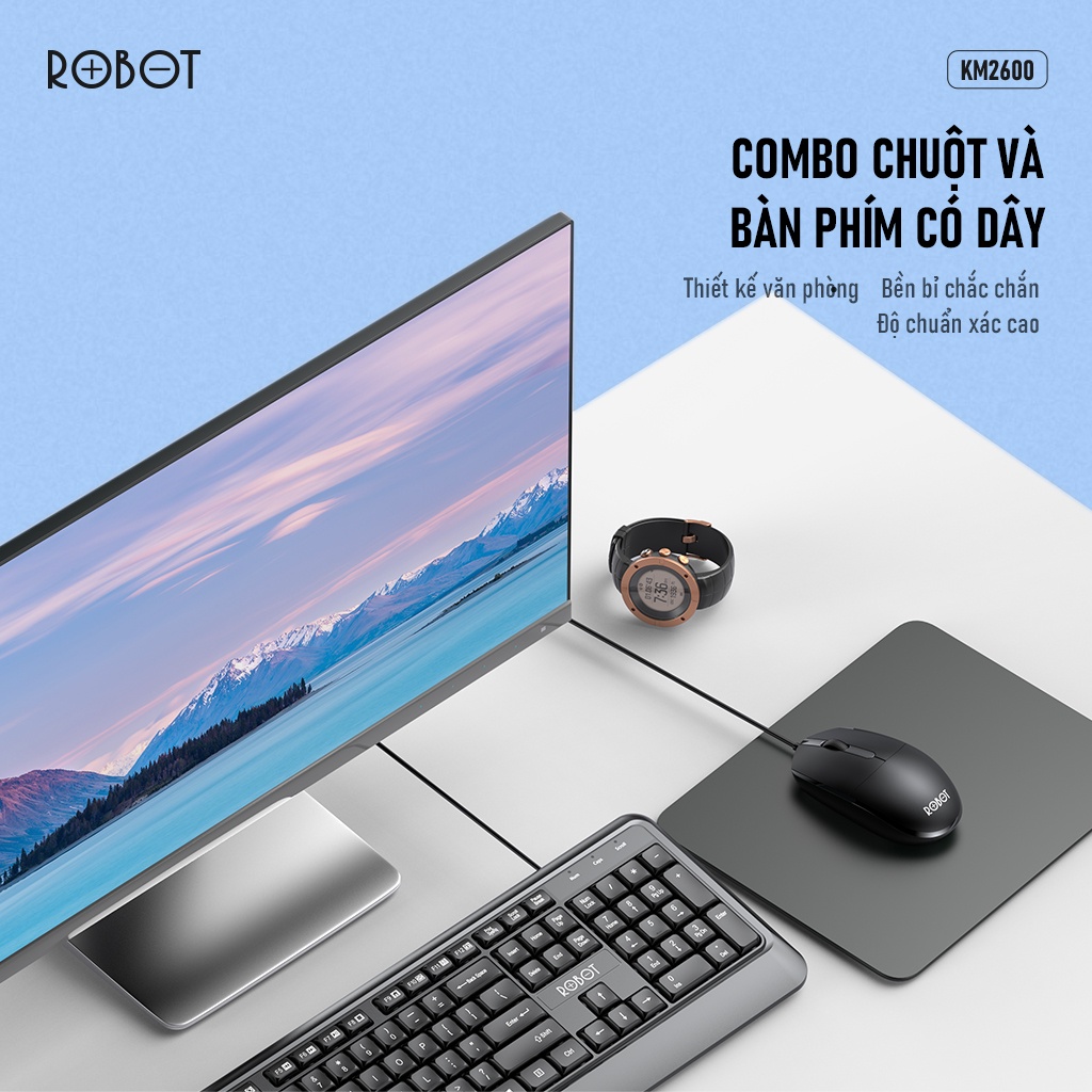 Combo Chuột &amp; Bàn Phím Có Dây ROBOT KM2600 Thích Hợp Dùng Cho Laptop, Máy Tính, PC - Hàng Chính Hãng