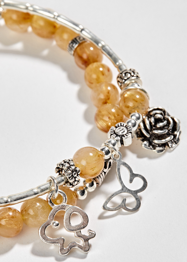 Vòng 2 Line Thạch Anh Tóc Vàng Phối Charm Hoa Bạc Ngọc Quý Gemstones