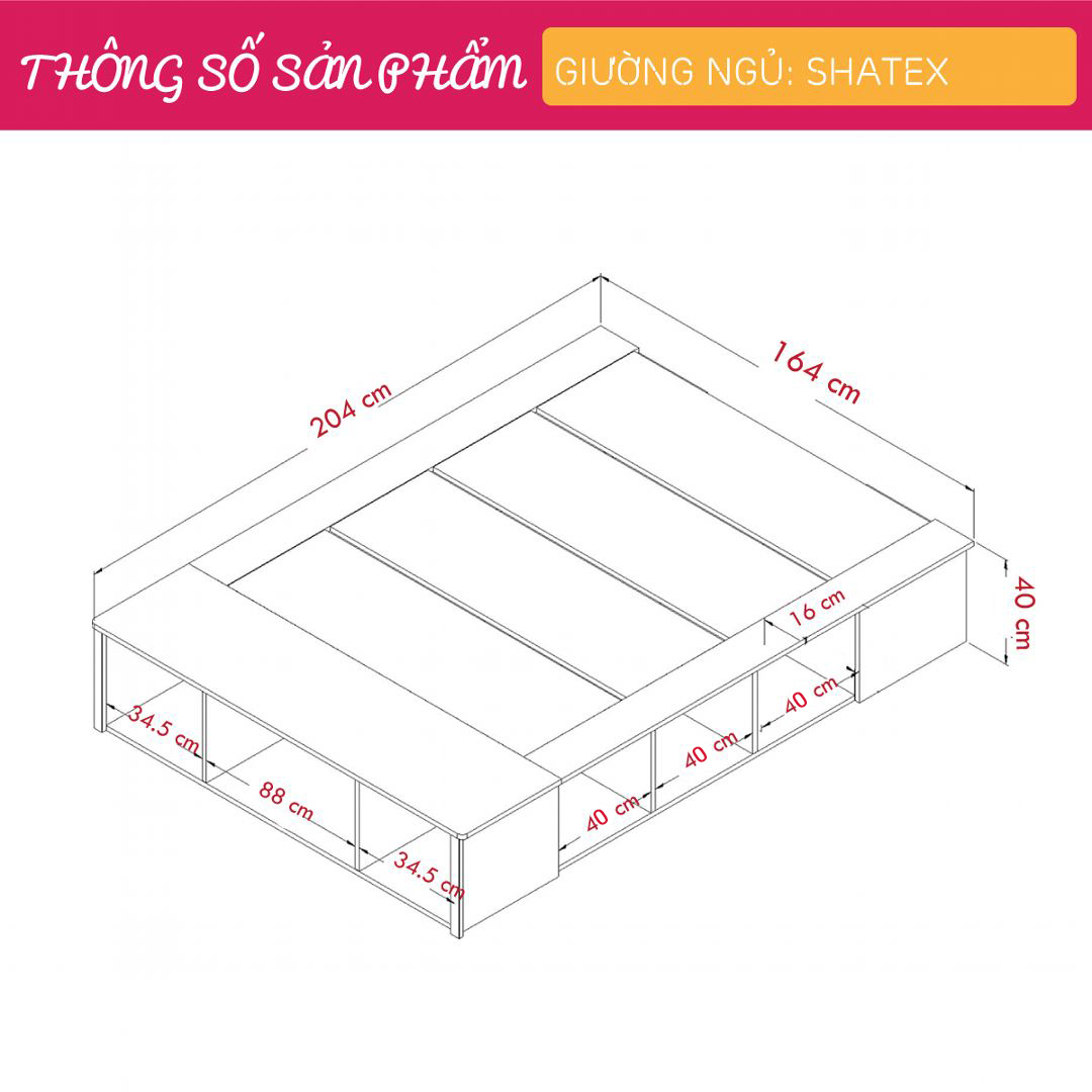 Giường ngủ gỗ hiện đại SMLIFE Shatex | Gỗ MDF dày 17mm chống ẩm | D204xR164xC40cm