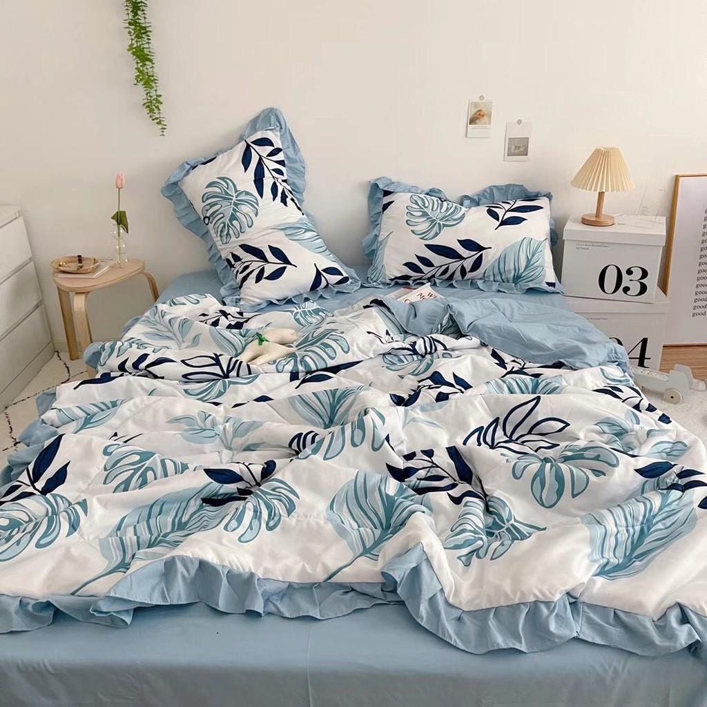 Bộ chăn đũi hè vỏ ga và 2 vỏ gối M2T bedding chăn lót bông thiết kế phối bèo họa tiết lá cọ xanh