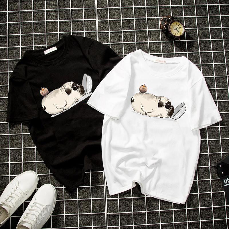 Áo thun unisex form rộng chó pug dễ thương vải dày mịn 2019T2106