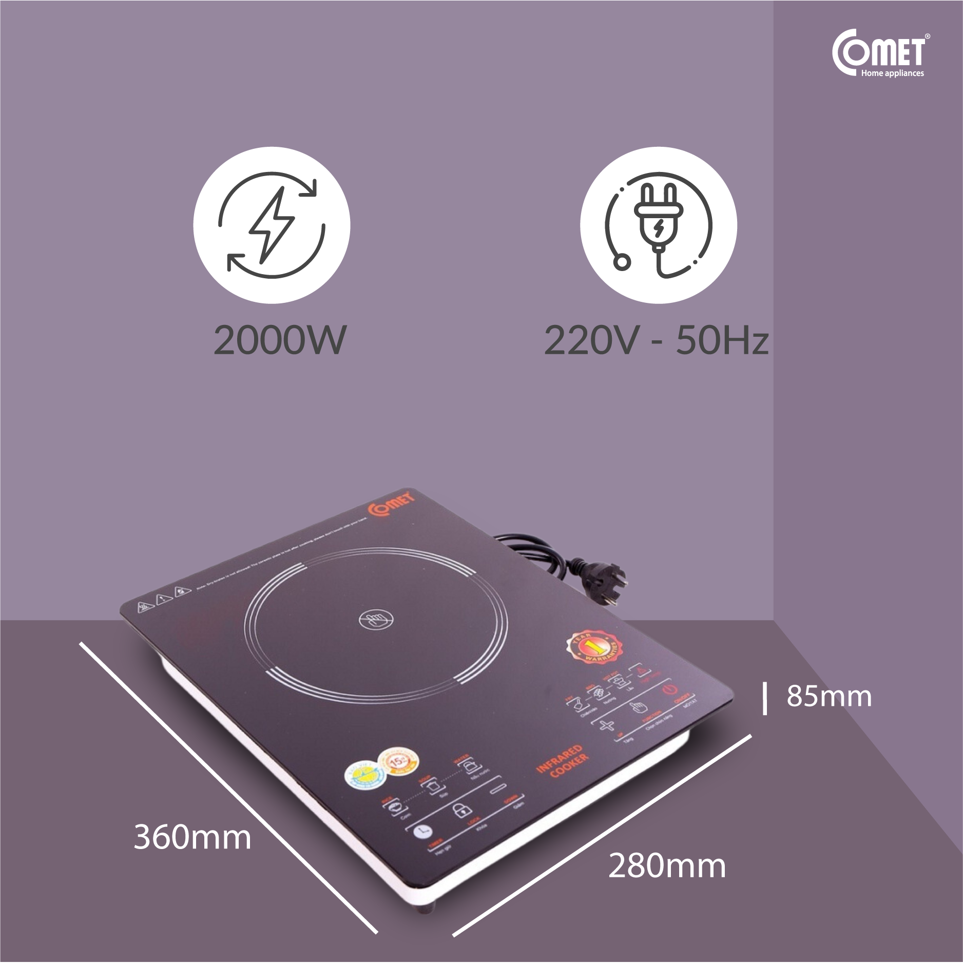 Bếp Hồng Ngoại Cảm Ứng Comet CM5536 – Hàng chính hãng -  Công Suất 2000W, Mặt Kính Chịu Lực, Đa Chức Năng, Bảo Hành 12 Tháng
