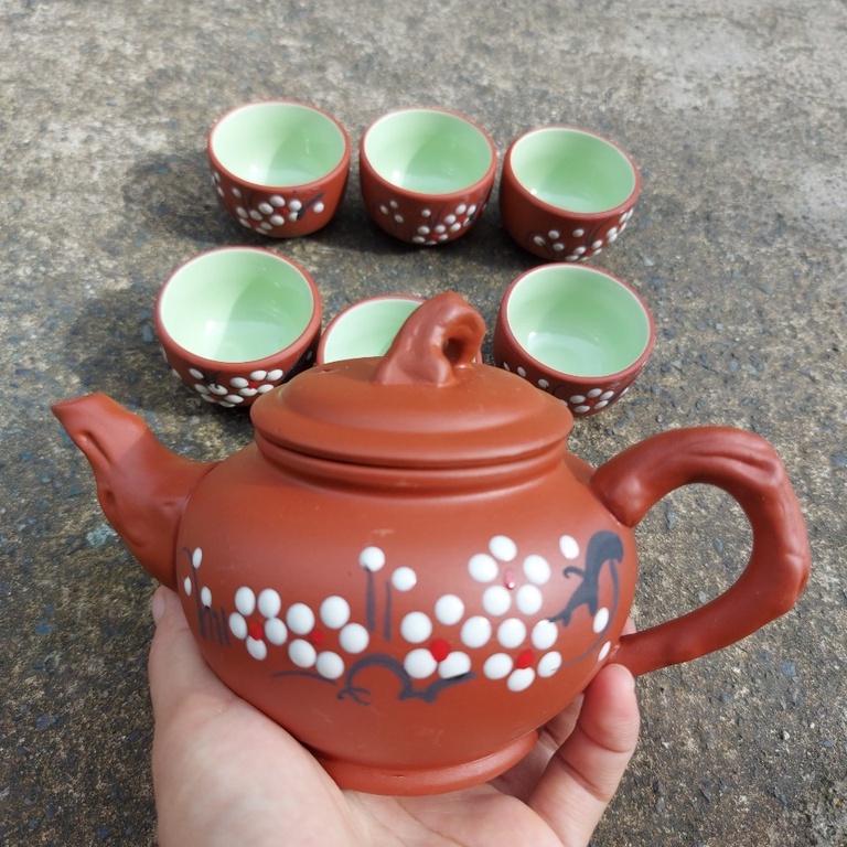Bộ Ấm chén Tử sa, đất nung nâu đỏ hoạ tiết hoa đào