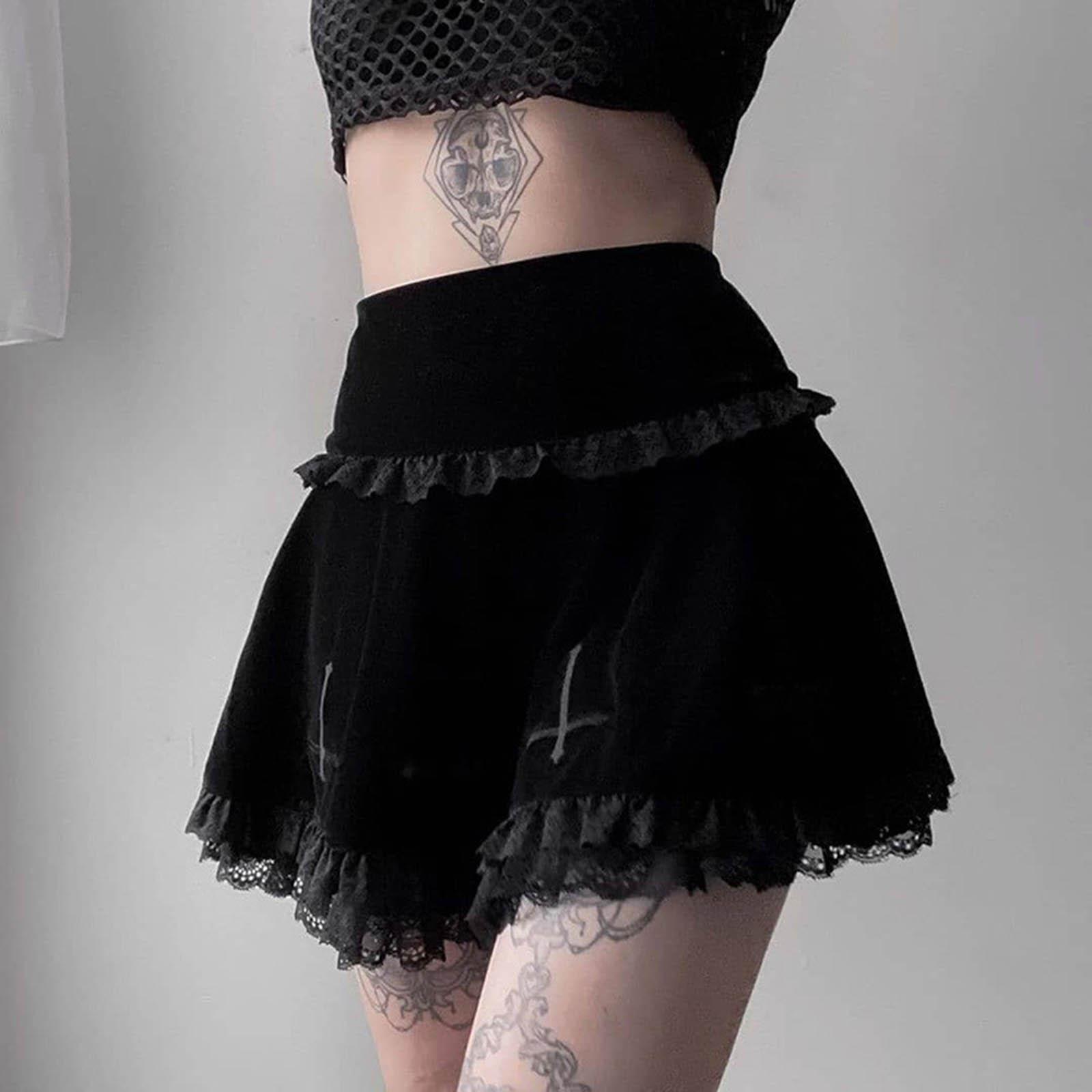 Cute Pleated Skirt A Line Lace Trim Comfortable Punk Dark Women Short Skirts for Girl