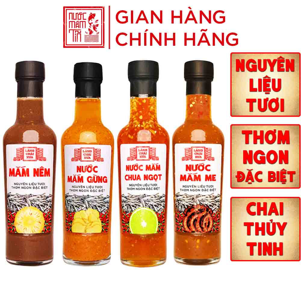 Đặc Sản Phan Thiết - Combo 4 Chai Nước Chấm Pha Sẵn (Mắm Nêm, Nước Mắm Chua Ngọt, Nước Mắm Gừng, Nước Mắm Me) Làng Chài Xưa Nguyên Liệu Tươi