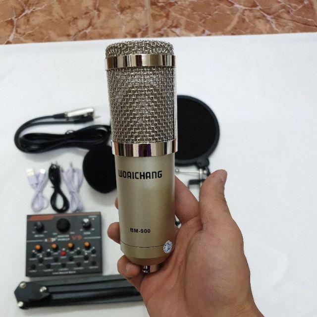 Combo mic thu âm livestream hát karaoke micro woaichang BM900 card V9 chân màng lọc âm