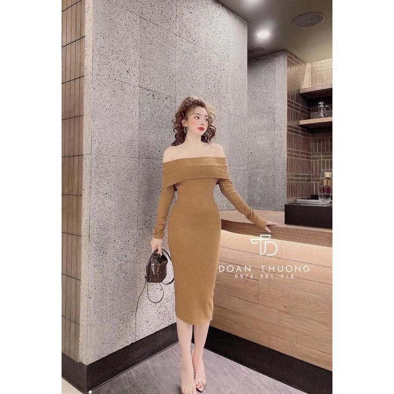 Đầm len đũa trễ vai ôm body 4 màu