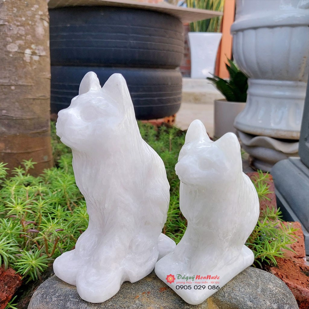 Tượng đá mèo 12 con giáp phong thủy đá trắng 15cm đá Non Nước