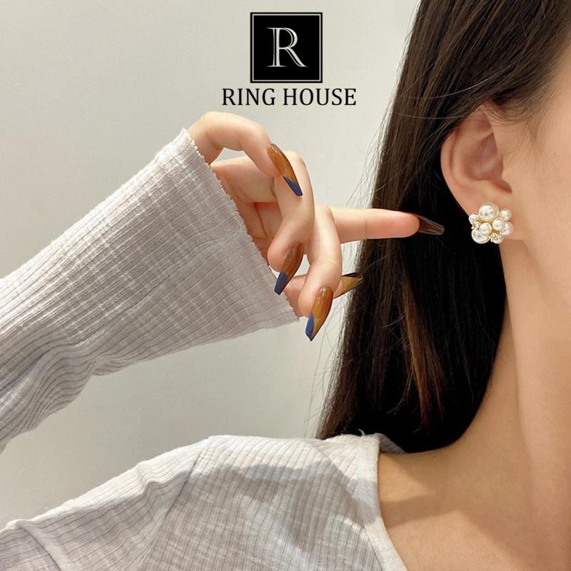 Khuyên tai bông tai nữ chùm hạt trai bất cân xứng đính ngọc sáng đẹp Ring House
