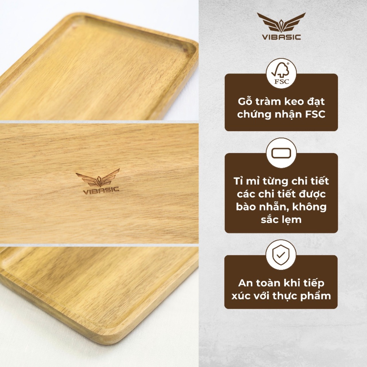 Khay đựng đồ hình chữ nhật Vibasic làm từ gỗ keo, đa dạng kích thước, thích hợp decor trang trí