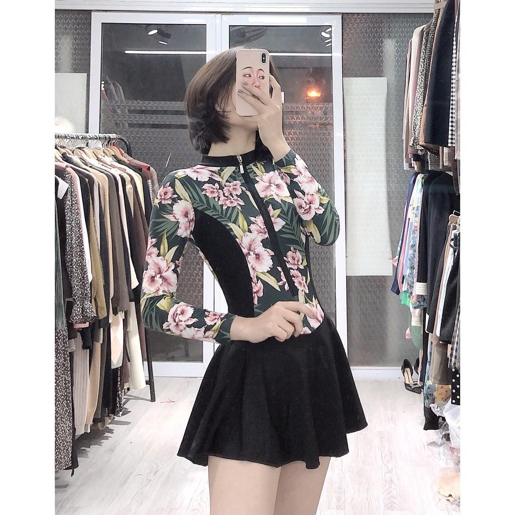 Đồ bơi nữ bikini nữ 1 mảnh liền thân tay dài họa tiết chân váy xòe có quần lót trong kín đáo LM002