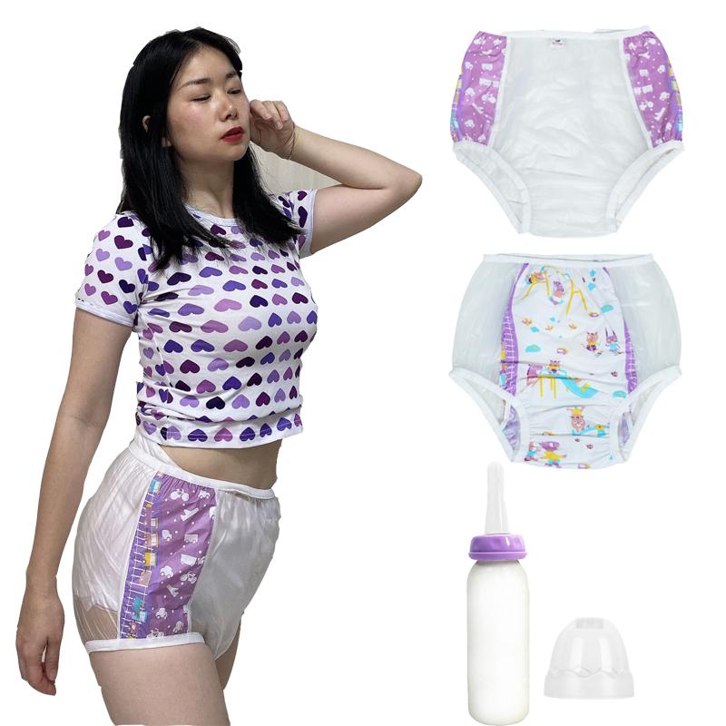 3 ABDL Miếng Tã Quần Tím Bán In Hình Quần Lót Nhựa Pvc Có Thể Tái Sử Dụng Quần Lót Onesize Nữ Quần Lót Ddlg Trưởng Thành Bình Sữa bộ
