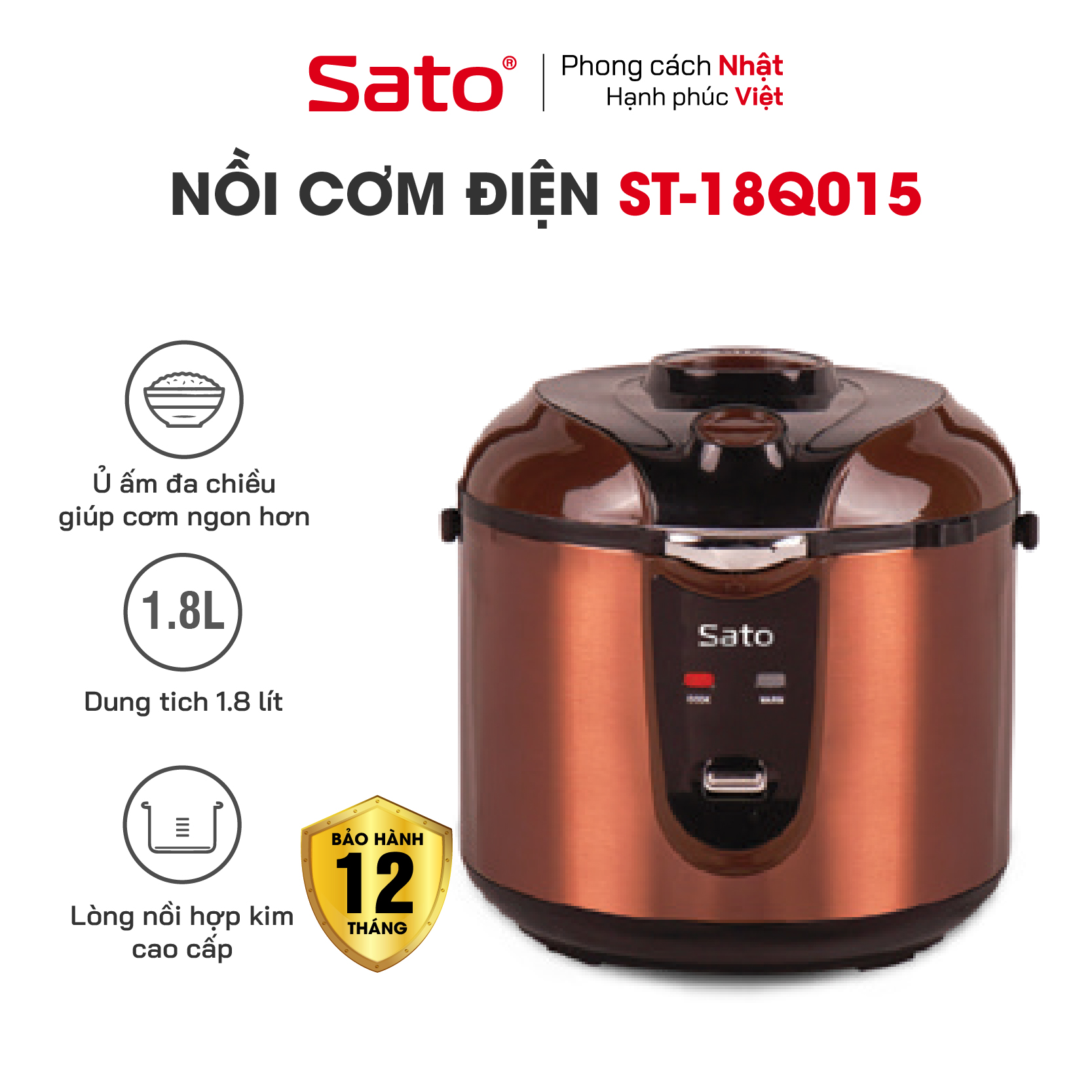 Nồi Cơm Điện SATO 18Q015 1.8L - Thiết kế quai xách chắc chắn, chống tràn tốt, nút điều khiển đơn giản, tiện dụng - Miễn phí vận chuyển toàn quốc - Hàng chính hãng