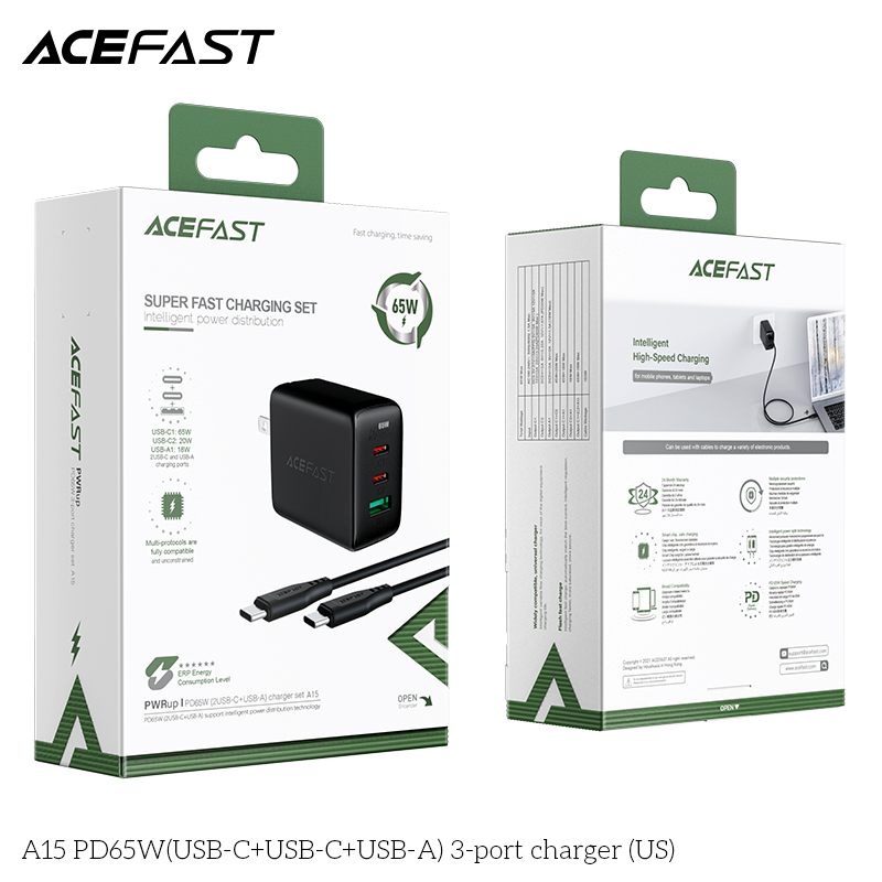 Adapter Sạc Acefast PD 3.0 65W 3 Cổng USB Type-C USB Type-C USB A Chuôi Dẹt US A15 - Hàng Chính Hãng