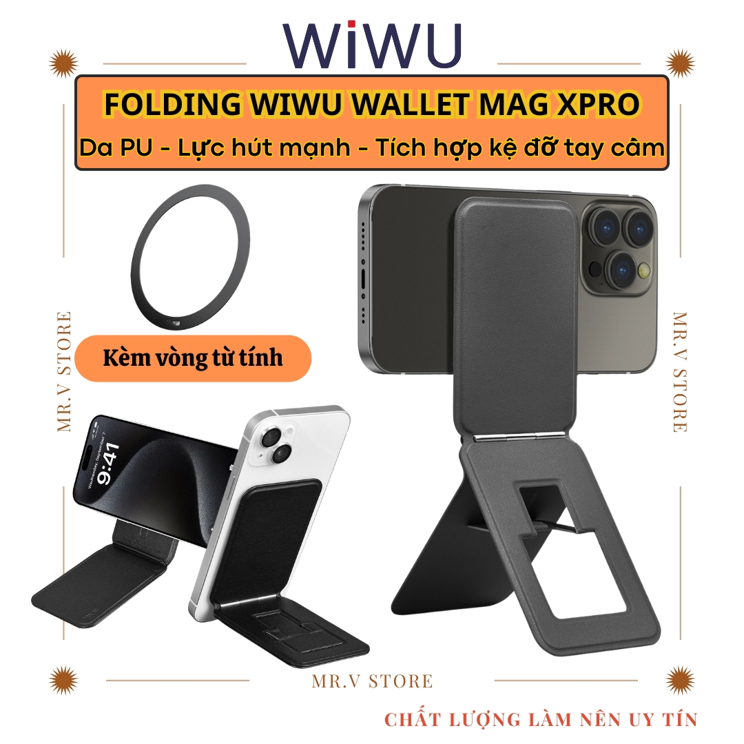 Folding giá đỡ từ tính cầm tay gấp gọn kiêm selfie Wiwu Mag Wallet xPro cho điện thoại iPhone 15 14 13 12 11 S22 S23 S24 z fold - Da PU cao cấp, đa năng, tăng kèm vòng từ tính - Hàng nhập khẩu