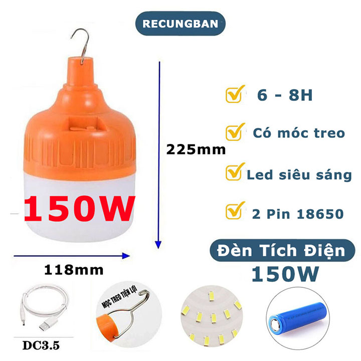 Bóng đèn Led sạc tích điện 150W siêu sáng sử dụng 6-8h, đèn Led trụ Bulb sạc pin 18650 có móc treo