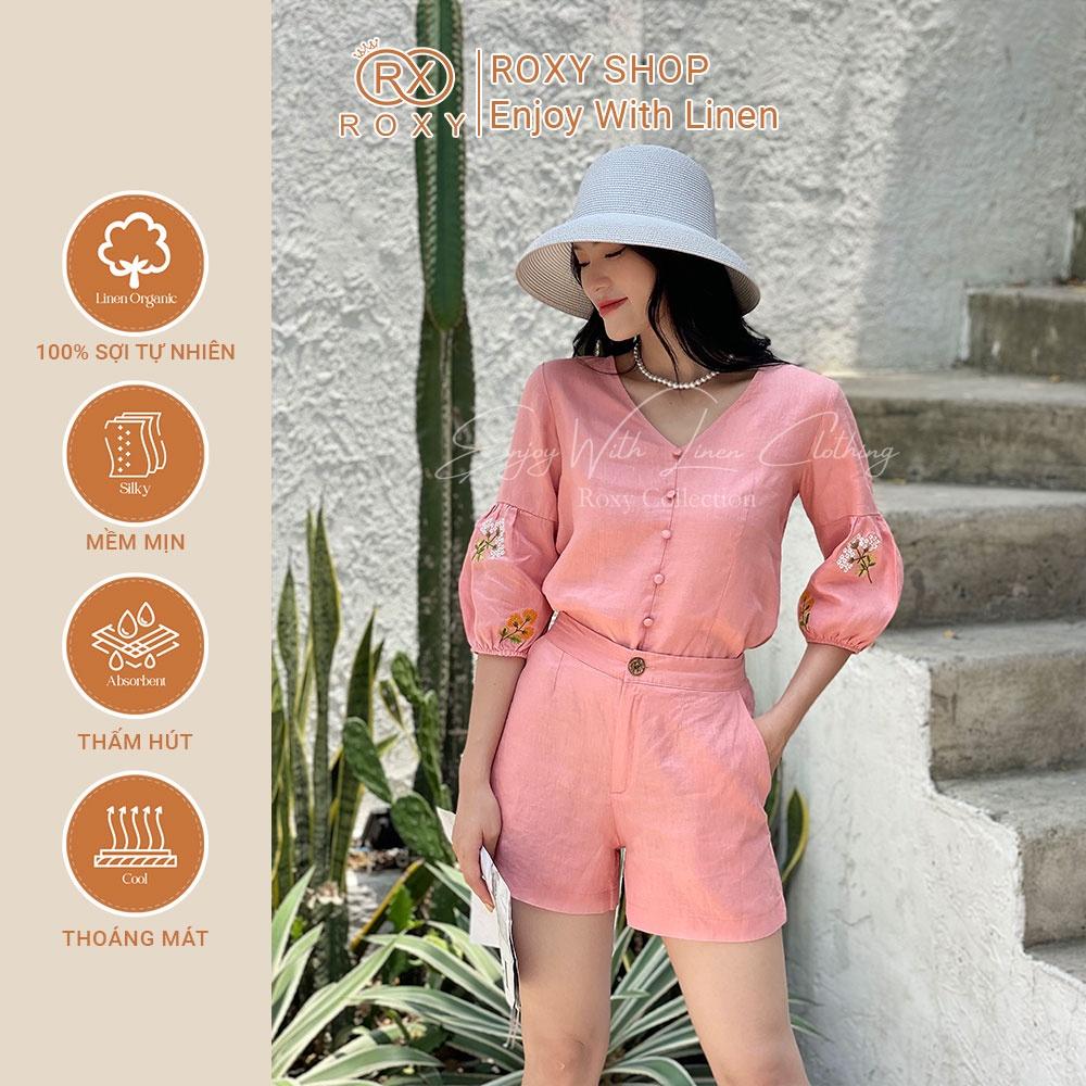 Set Bộ Đồ Nữ Linen Quần Đùi Áo Cổ Tim Tay Dài Thêu Hoa
