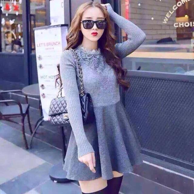 Đầm dạ len xoè phối ren cao cấp