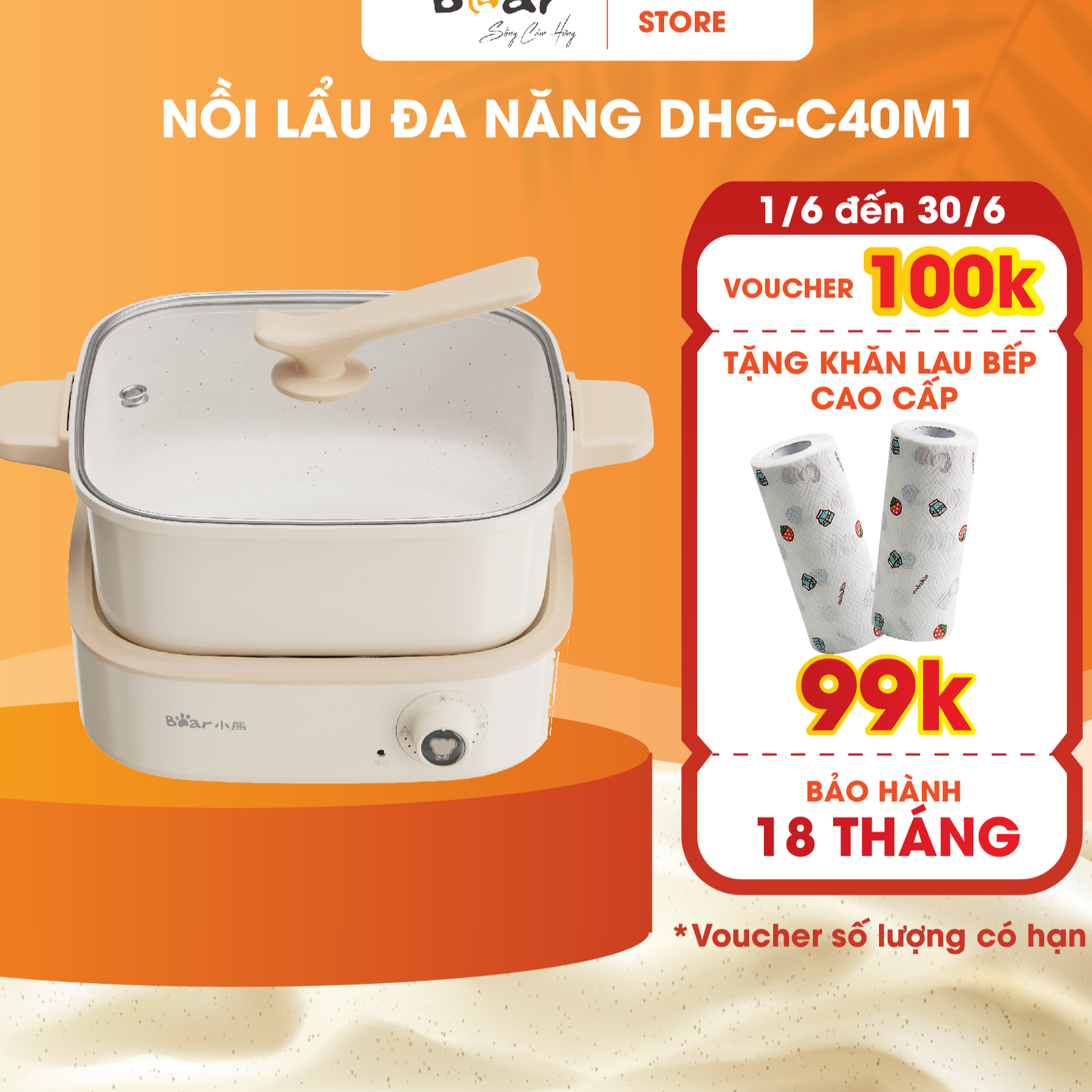 Nồi Lẩu Điện Đa Năng Bear 7 trong 1 Chống Dính Cao Cấp Tiết Kiệm Điện DHG-C40M1 - Hàng chính hãng