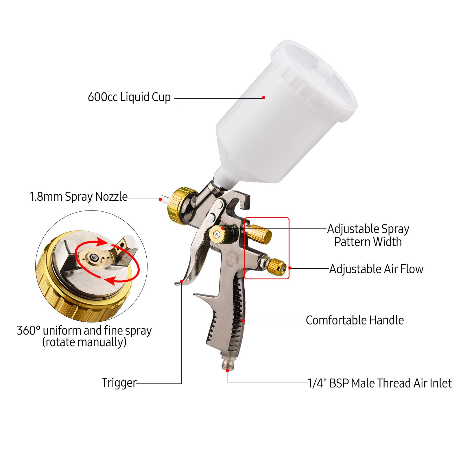 Bộ súng phun khí LVLP 1.8mm Cốc chất lỏng 600cc Máy phun sơn không khí nạp trọng lực Súng phun sơn 360 độ cầm tay mini để sửa chữa ô tô Nội thất bề mặt Tranh tường Mô hình DIY
