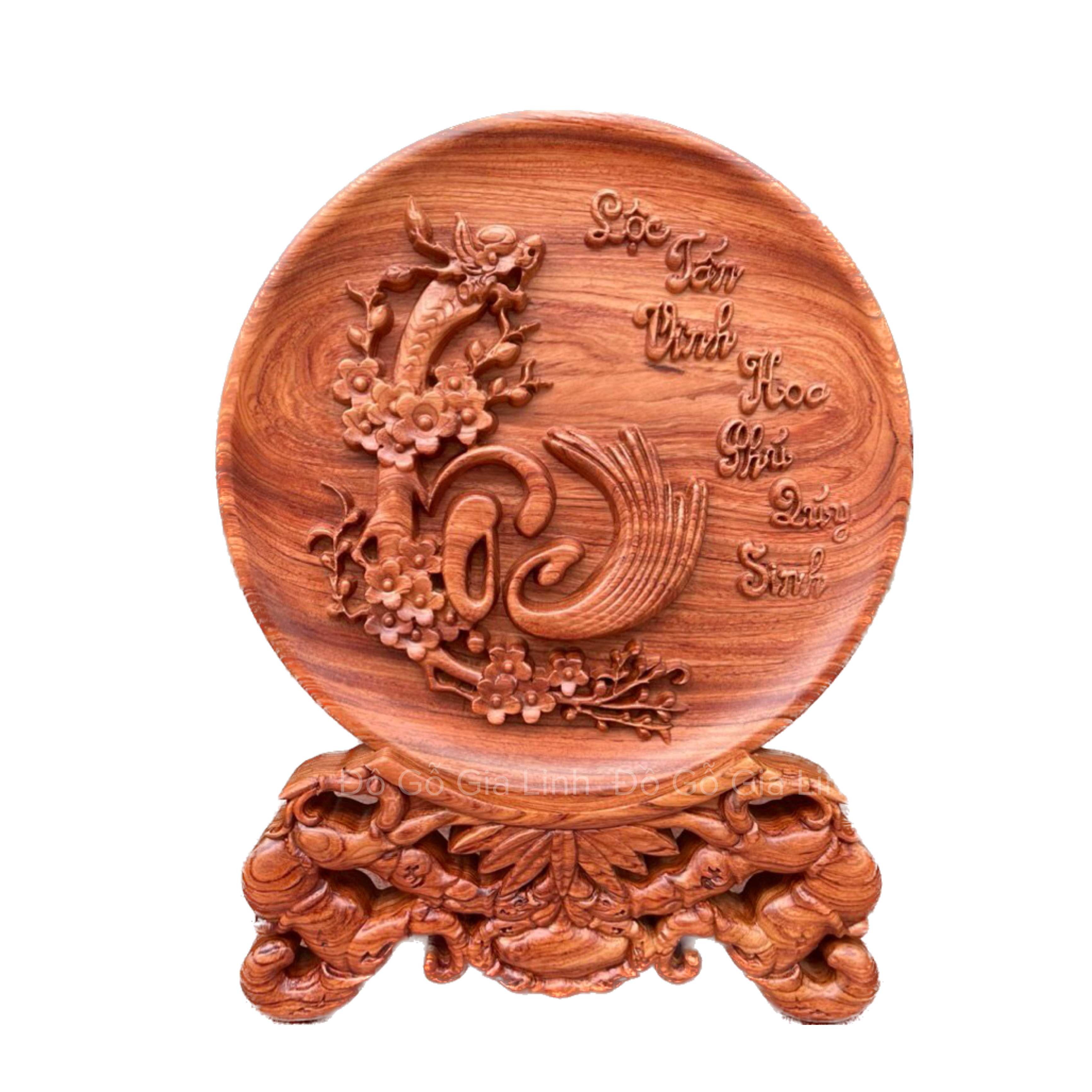 Bộ đĩa Phúc Lộc Thọ Đồ Gỗ Gia Linh gỗ Hương đá liền khối kèm chân đế