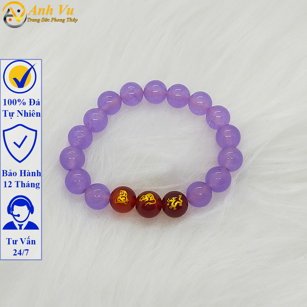 Vòng đá mã não tím chất liệu tự nhiên - Vòng tay tam hợp thân tý thìn cho nữ mệnh thổ - May mắn tài lộc