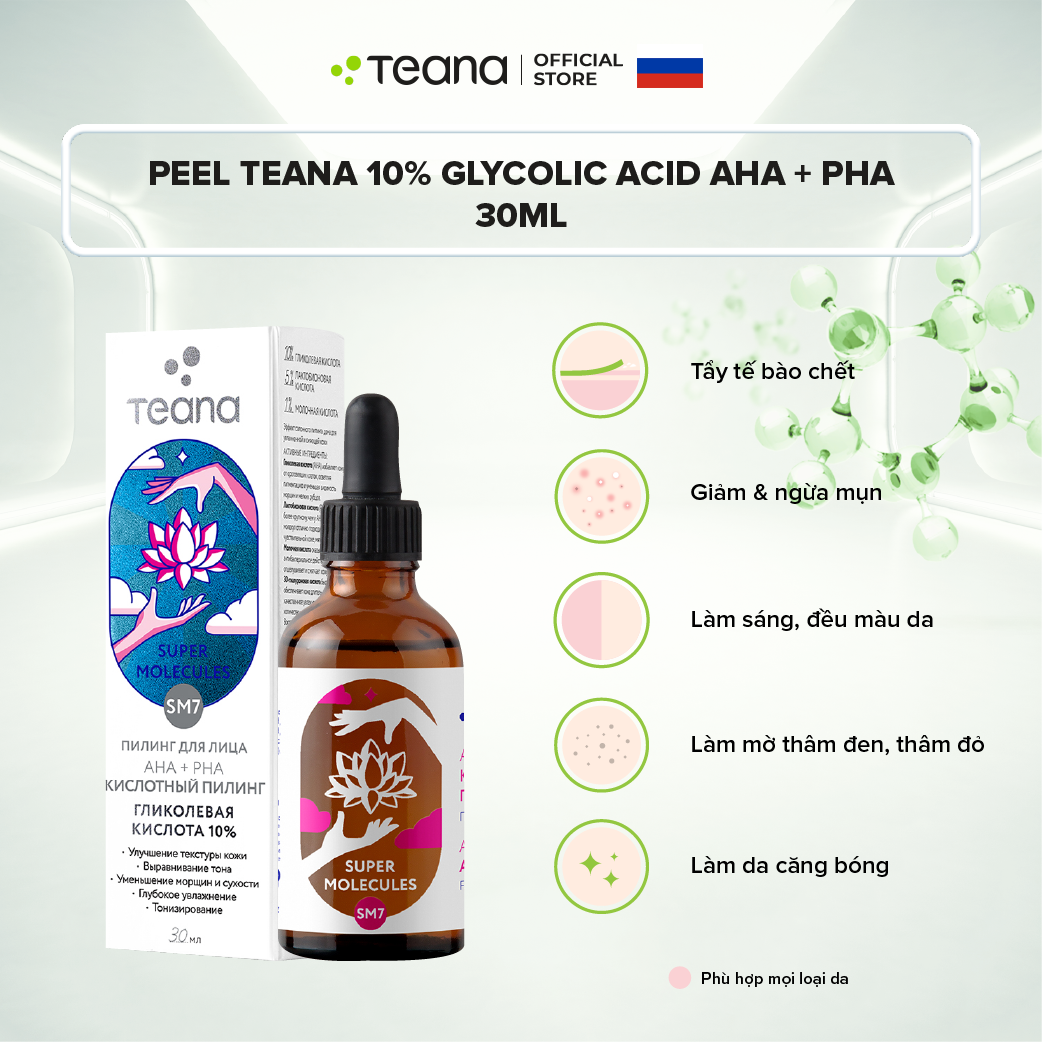 Peel Teana 10% Glycolic SM7 Super Molecules Acid tẩy da chết, giảm mụn và làm sáng da AHA + PHA - 30ml