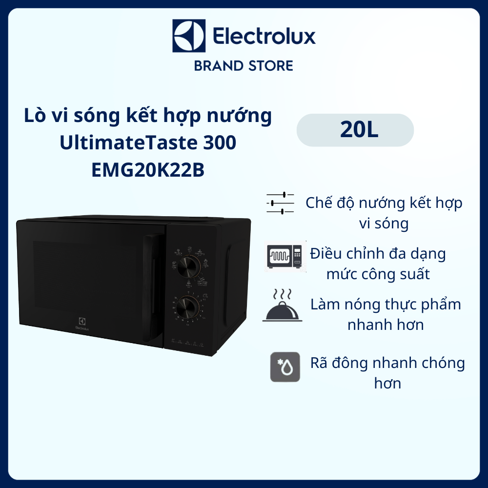 Lò vi sóng để bàn tích hợp nướng Electrolux UltimateTaste 300 20L - EMG20K22B - Điều chỉnh đa dạng mức công suất, chương trình cài sẵn tiện lợi, rã đông nhanh chóng [Hàng chính hãng]