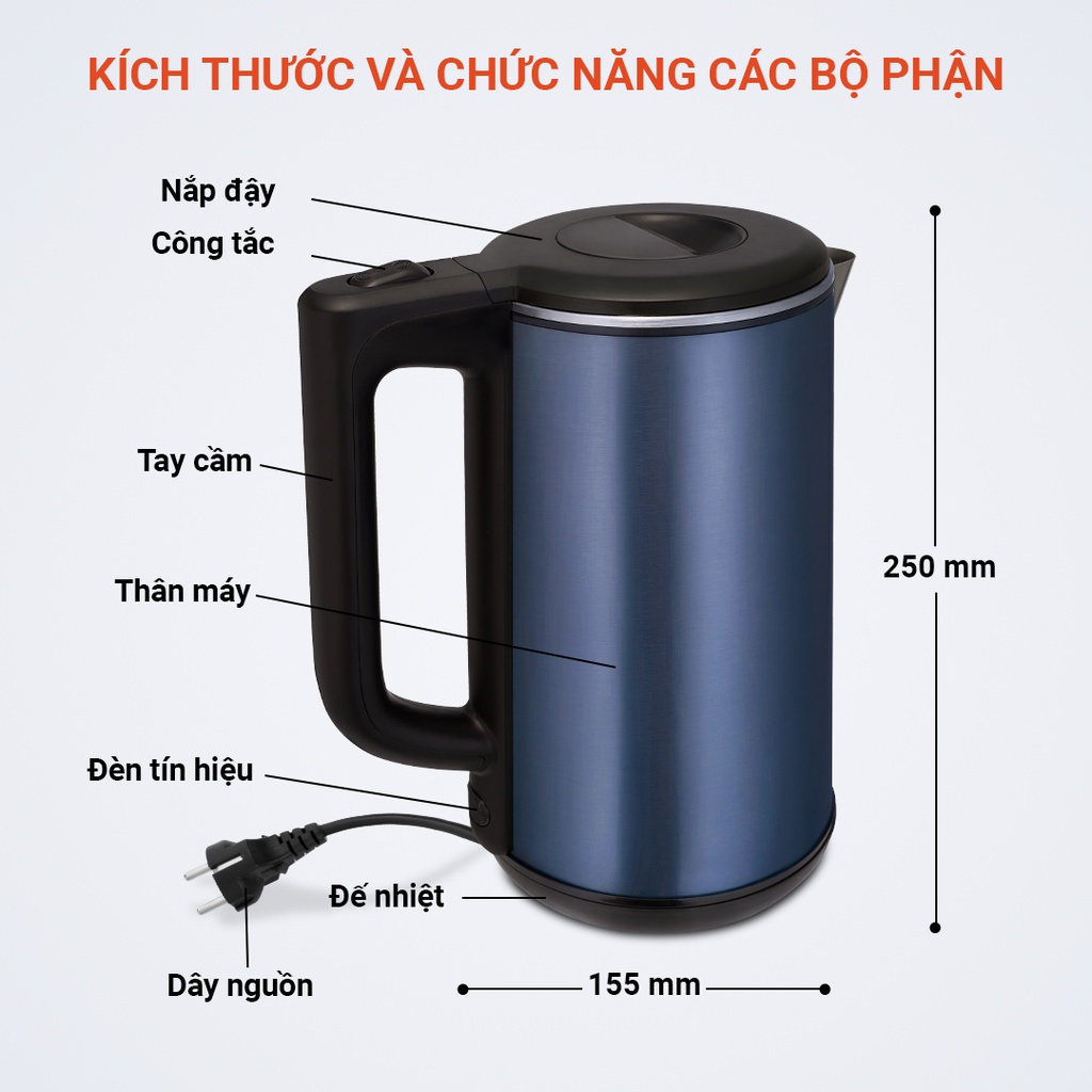 Ấm đun siêu tốc 3 lớp Fellia K161 (1.8 Lít)- ( màu xanh đen) -Hàng Chính Hãng