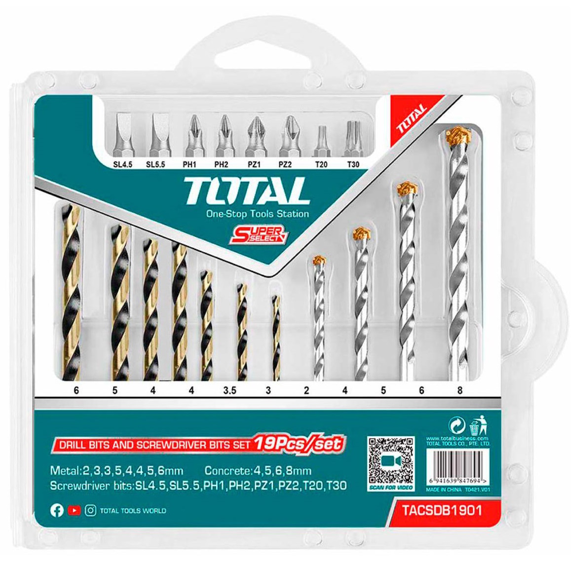 Bộ mũi khoan kim loại, khoan bê tông và bắt vít 19 chi tiết TOTAL TACSDB1901 - Độ cứng siêu cao, chịu lực tốt, đa dụng