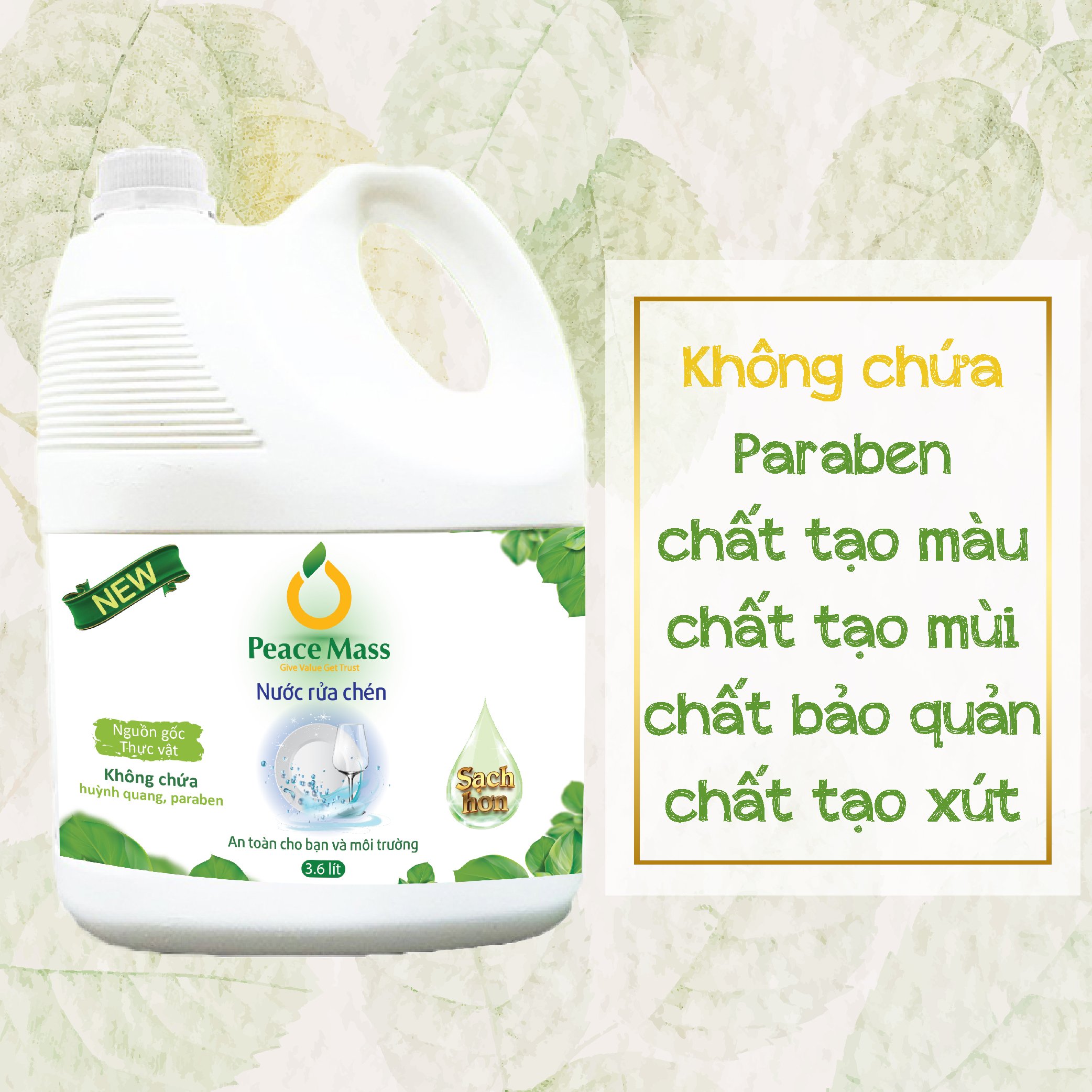 Nước Rửa Chén Gốc Thực Vật Peace Mass Công Nghệ Enzyme Rửa Sạch &amp; Không Lưu Mùi (Thuộc nhóm Sản phẩm Lành tính)) Can 3.6 Lít