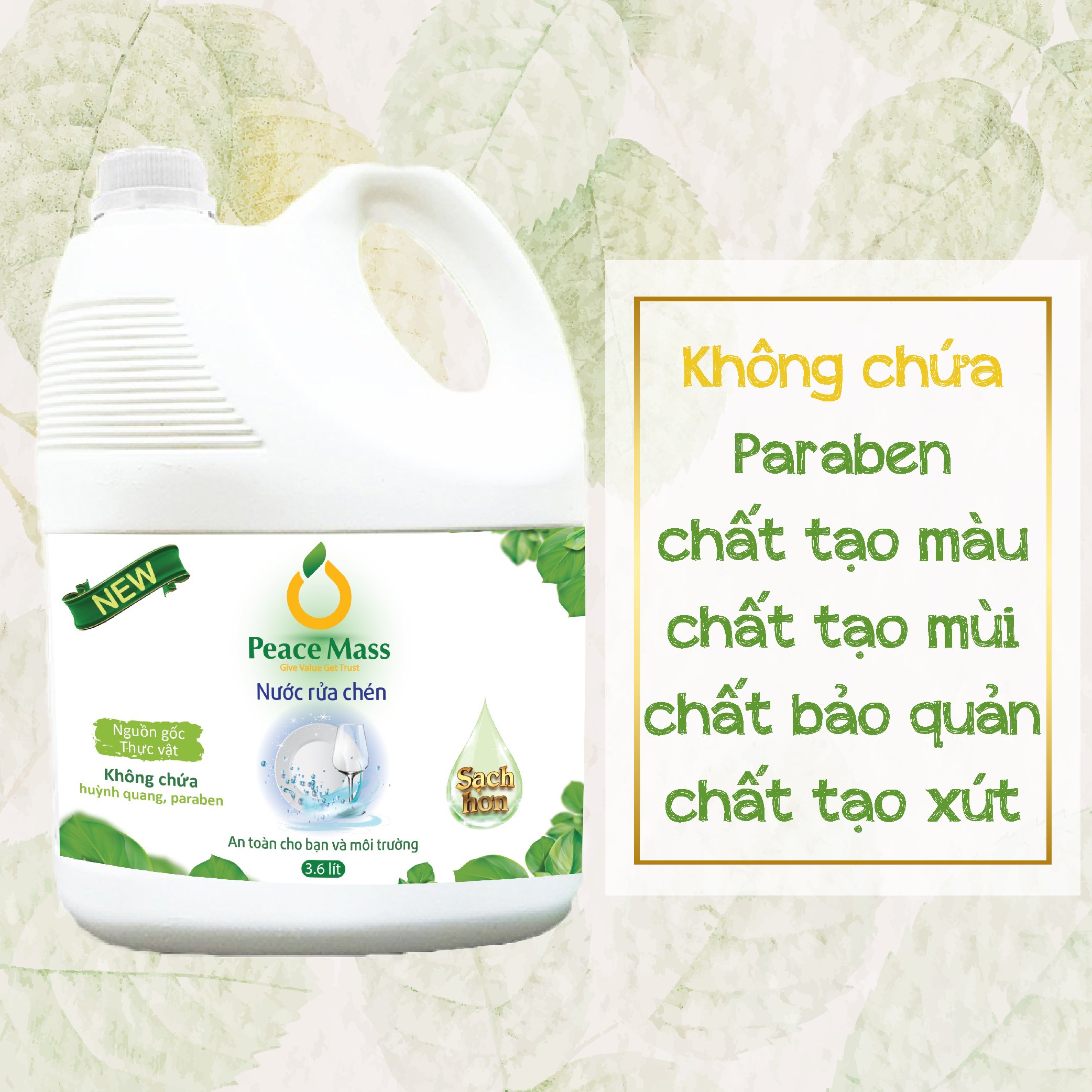 Nước Rửa Chén Gốc Thực Vật Peace Mass Công Nghệ Enzyme Rửa Sạch &amp; Không Lưu Mùi (Thuộc nhóm Sản phẩm Lành tính / Hữu cơ) Can 3.6 Lít