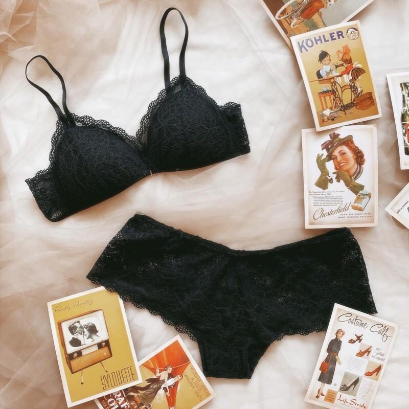 Set Bralette thiết kế Lily đen Ren hoa nhí không gọng thoải mái