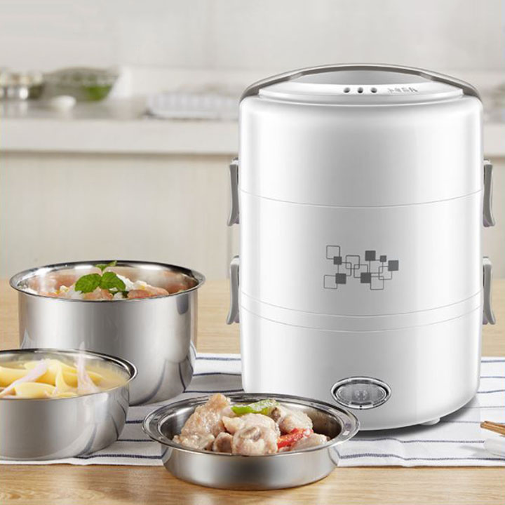 Hộp cơm điện thiết kế thông minh 3 tầng hình trụ