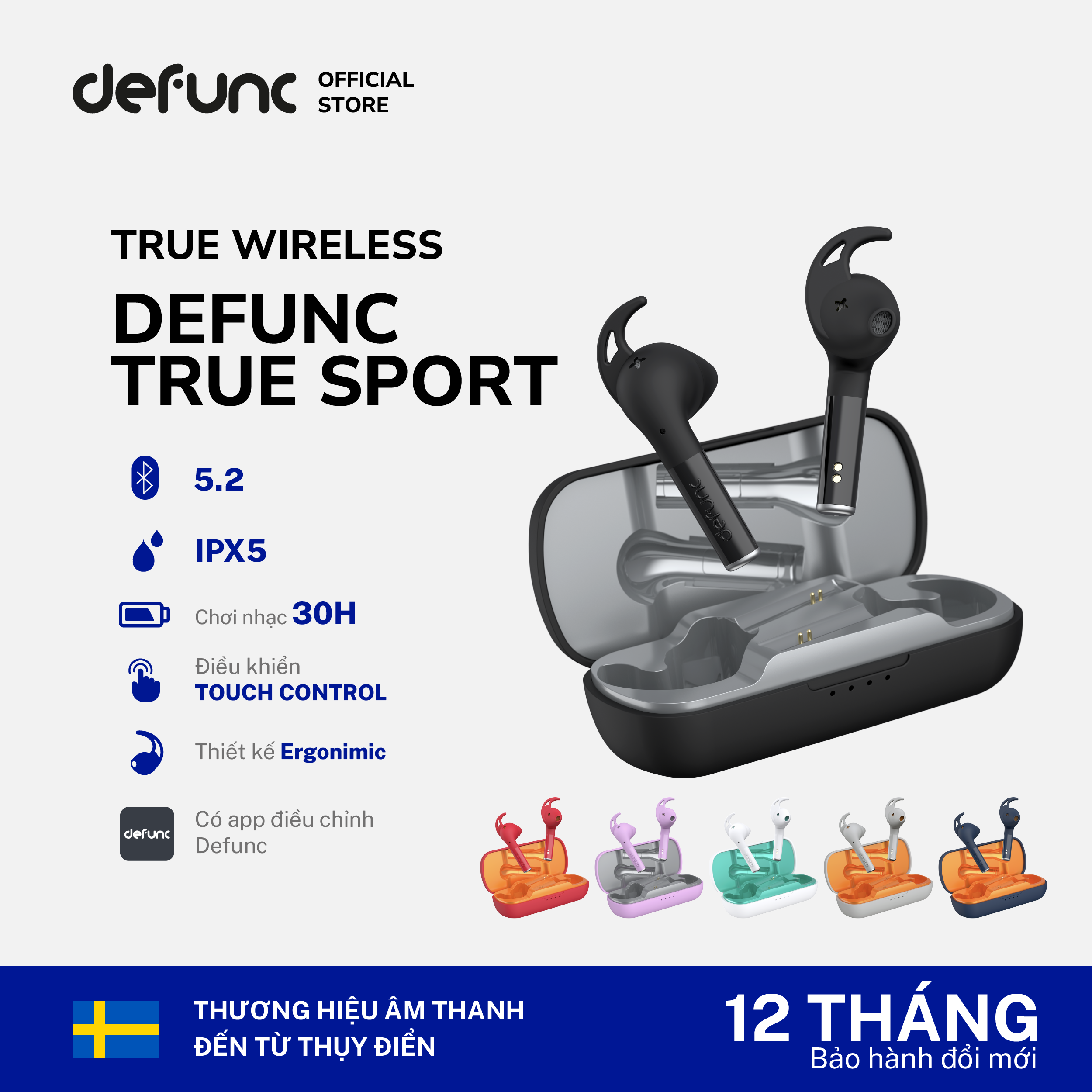 Tai nghe TRUE SPORT TWS Earbuds Defunc - Hàng chính hãng - Bảo hành chính hãng 1 năm