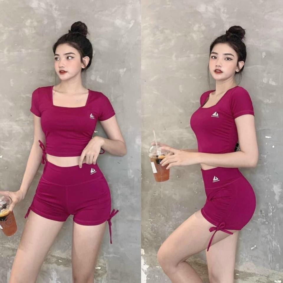 Đồ tập gym nữ bộ tập gym yoga erobic nữ áo cổ vuông quần sooc rút dây chất liệu co giãn 4 chiều thấm hút tốt