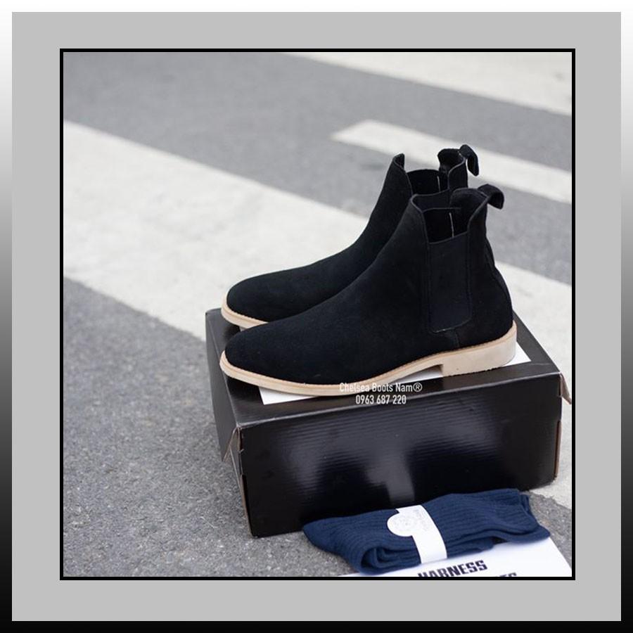 Chelsea Boots Da Lộn Đen Đế Sữa