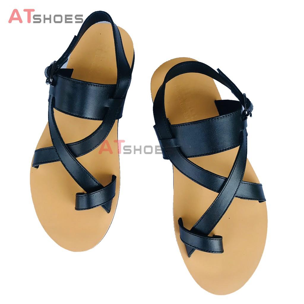 Dép Sandal Unisex cc Da Bò Thật Sandal xỏ ngón nam nữ chuẩn kiểu HQ Trẻ Trung - XDxn203(Đen- đế vàng)