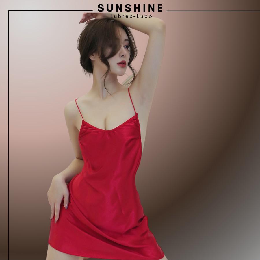 Váy Ngủ Lụa Đồ Ngủ Satin Hai Dây Không Mút Ngực Hở Sau Lưng- SUNSHINE -LUBREX LUBO LT1062 MÀU ĐỎ